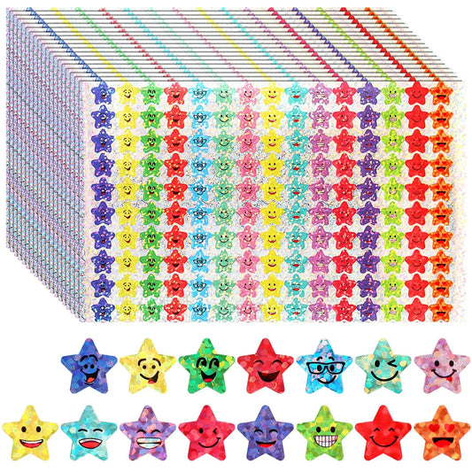 1500 Pcs Glitter Foil Small Star Stickers,15 Designs Happy Face Stickers for Student Reward
